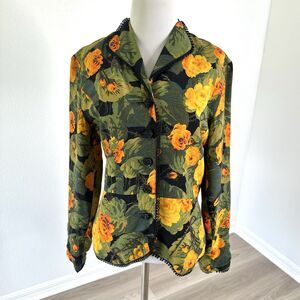 Vintage 90s Y2K Betsey Johnson Floral Blazer S Black Orange Yellow USA Made